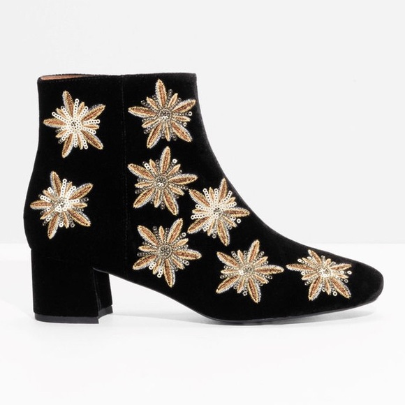 & Other Stories Shoes - & Other Stories Black Velvet Ankle Boots with Gold Floral Embellishments